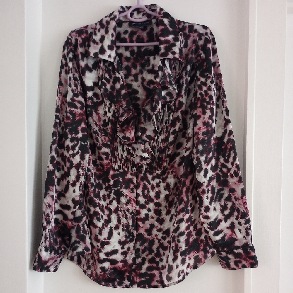 Jones New York Animal Print Satin Long Sleeve Sheer Blouse with Ruffles Size XL
